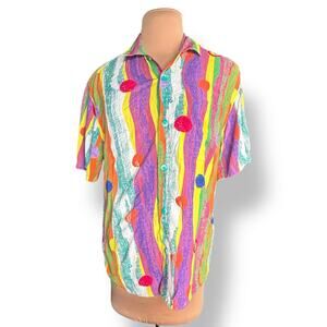 Vintage 90s Jams World Crinkle Shirt Small Multicolor Striped Polka Dot Retro